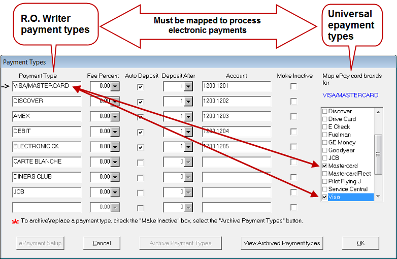 The Payments Type window showing RO Writer payment types mapped to universale epayment types.